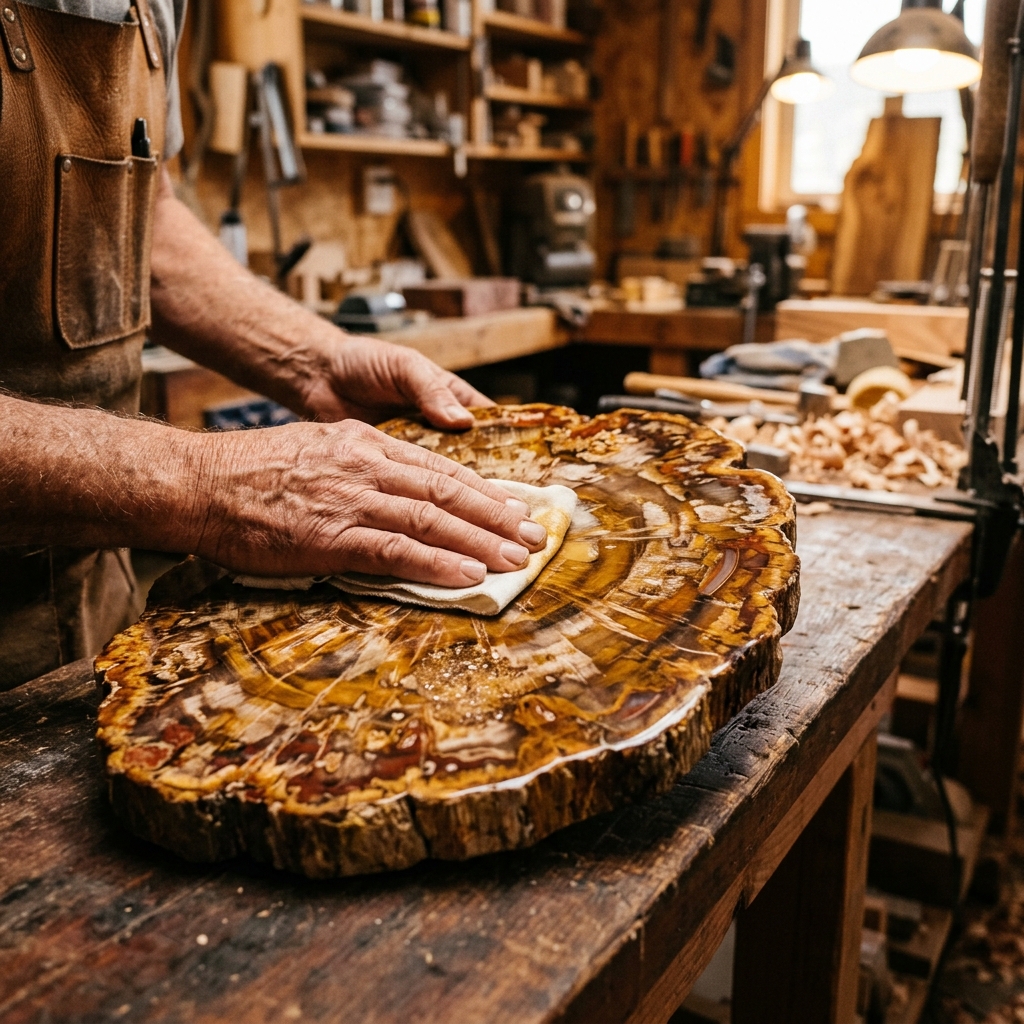 Artisan crafting petrified wood furniture